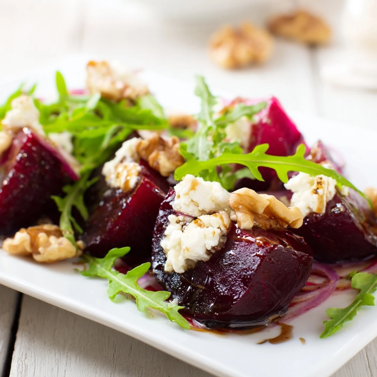 Freshly prepared roasted beet and walnut salad served on an individual plate, garnished with extra walnuts and vinaigrette.