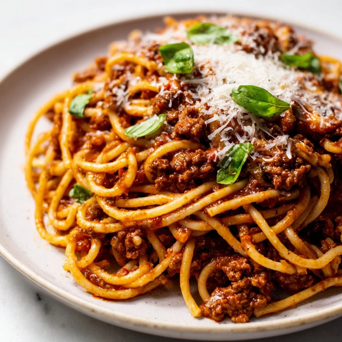 Steaming Beef Bolognese sauce clings to strands of al dente spaghetti, topped with fresh basil and Parmesan.