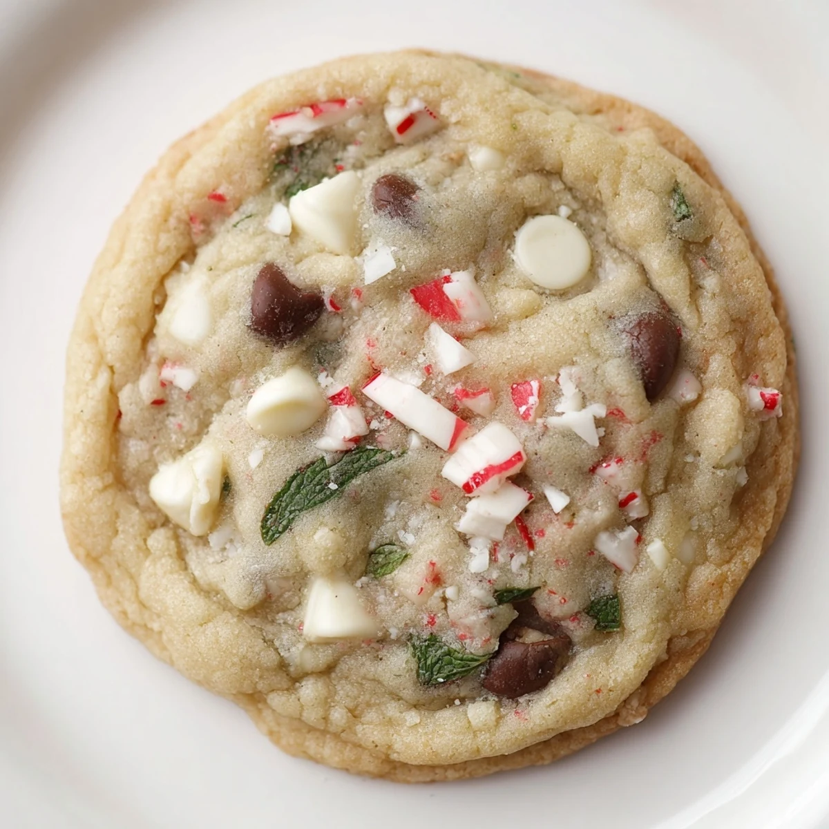 Freshly baked Peppermint Chocolate Chip Cookies on a cooling rack, with peppermint candy cane pieces and mint leaves for a festive crunch. 