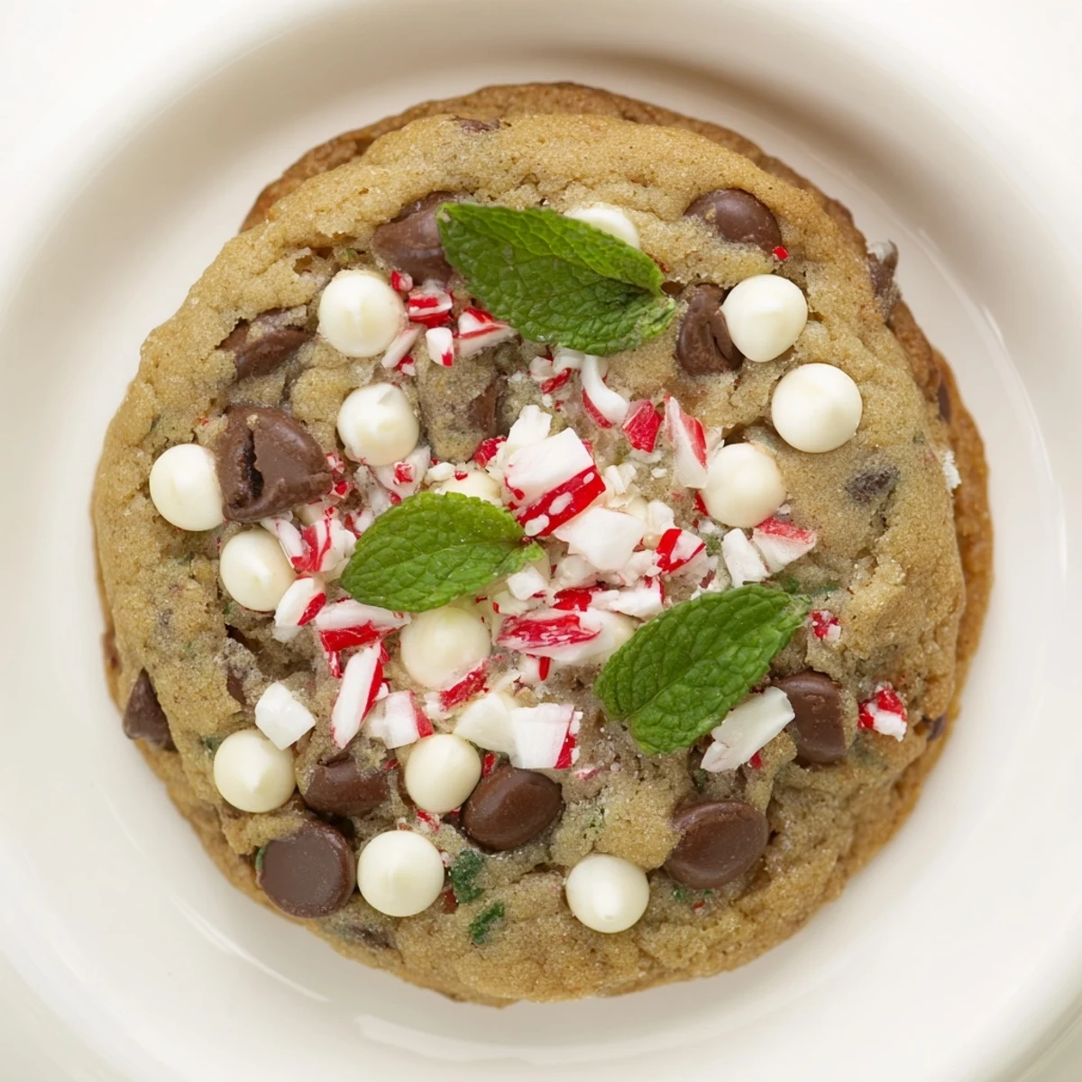 Close-up of chewy Peppermint Chocolate Chip Cookies showing melted chocolate chips and sparkling crushed peppermint topping. 