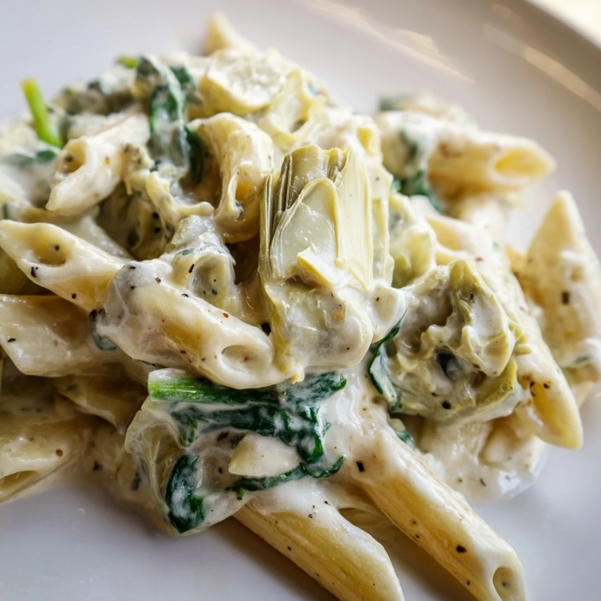 Creamy Spinach and Artichoke Penne pasta in a white bowl, steam rising from the rich, cheesy sauce with fresh spinach and tender artichoke hearts.