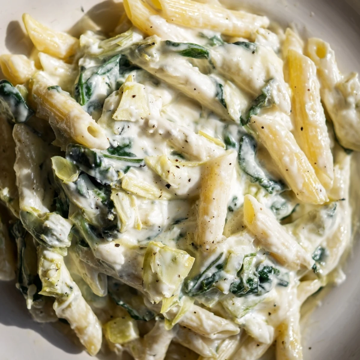 A close-up of Creamy Spinach and Artichoke Penne topped with grated parmesan and black pepper, served on a rustic wooden table.