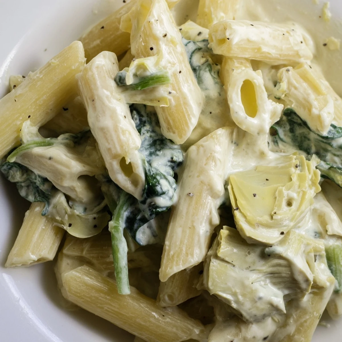 Overhead view of Creamy Spinach and Artichoke Penne in a skillet, showcasing the luscious, creamy sauce and colorful ingredients.