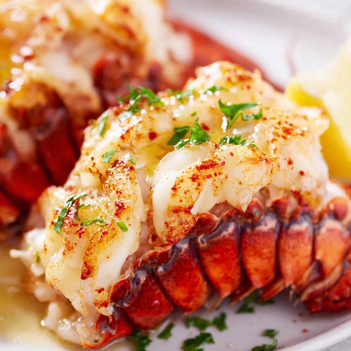 Four broiled Garlic Butter Lobster Tails with lemon wedges, fresh parsley, and melted butter sauce on a silver platter.