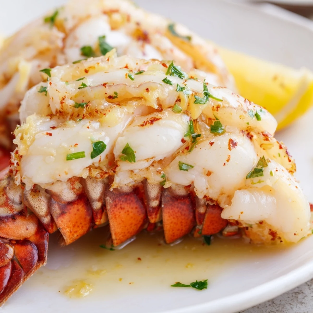 Sizzling Garlic Butter Lobster Tails fresh from the oven, featuring golden, lightly browned meat and aromatic lemon zest garnish.