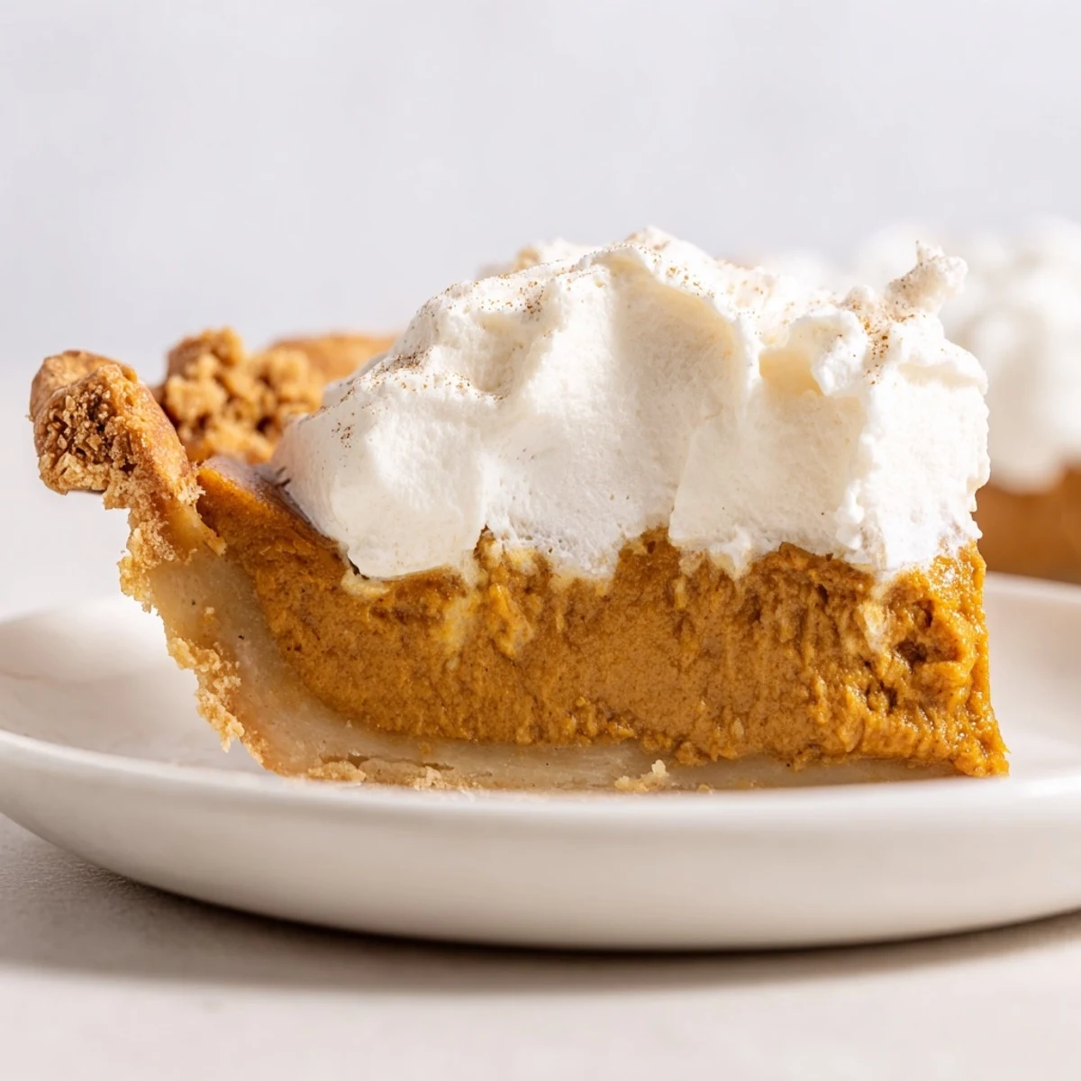 A close-up of Spiced Pumpkin Pie with Pastry Crust, topped with a dollop of fresh whipped cream. The golden-brown, flaky crust cradles a creamy, warmly spiced orange filling, ready to be sliced and served for dessert.