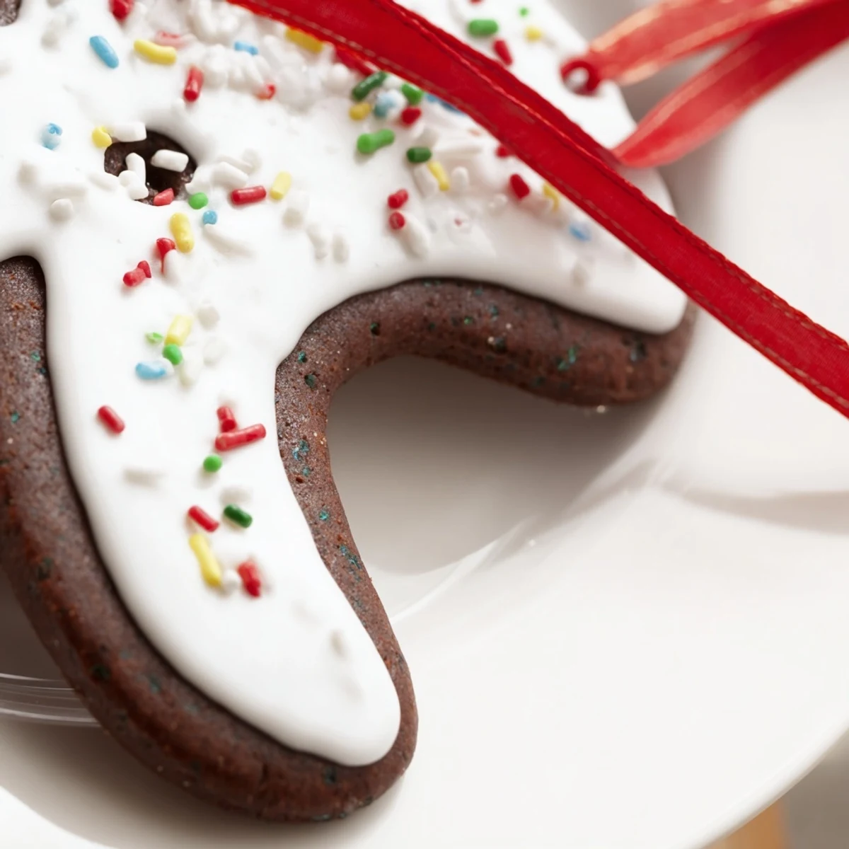 Frosted gingerbread ornament with white icing and sprinkles, tied with a green ribbon for hanging.
