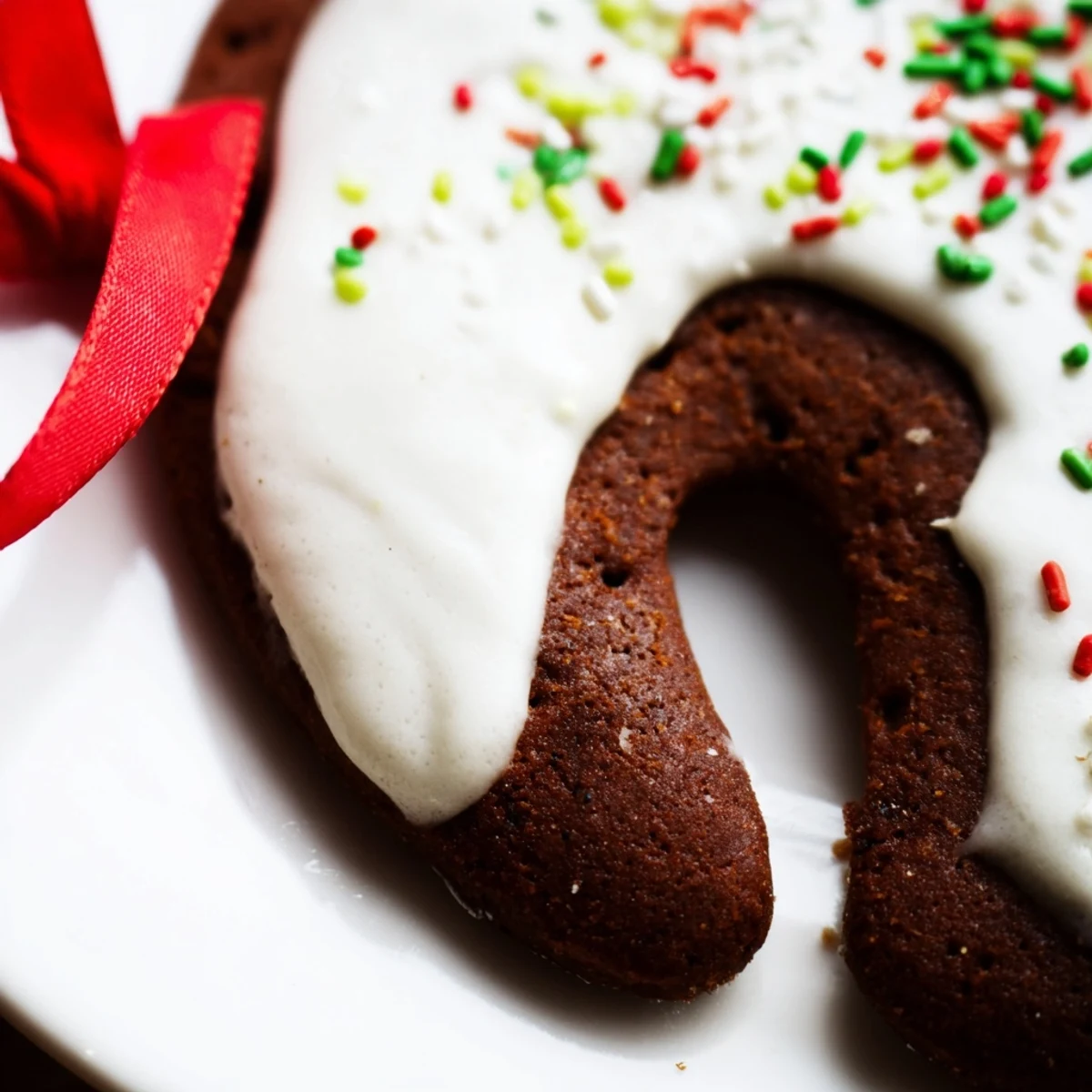 Freshly baked gingerbread ornament with red ribbon on a wire rack, spiced and golden brown.