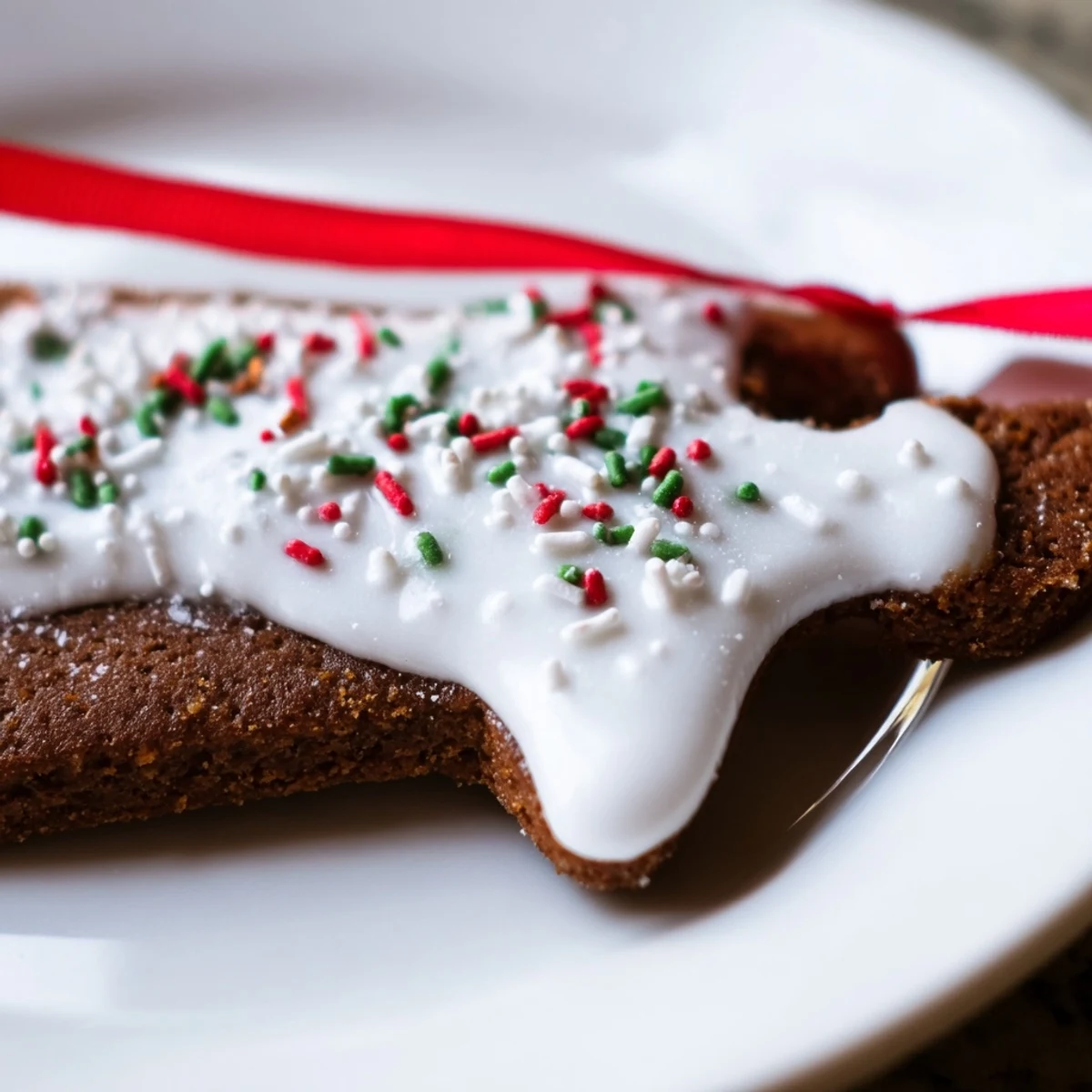 Handheld gingerbread ornament with looped ribbon, ready to gift or hang on a Christmas tree.