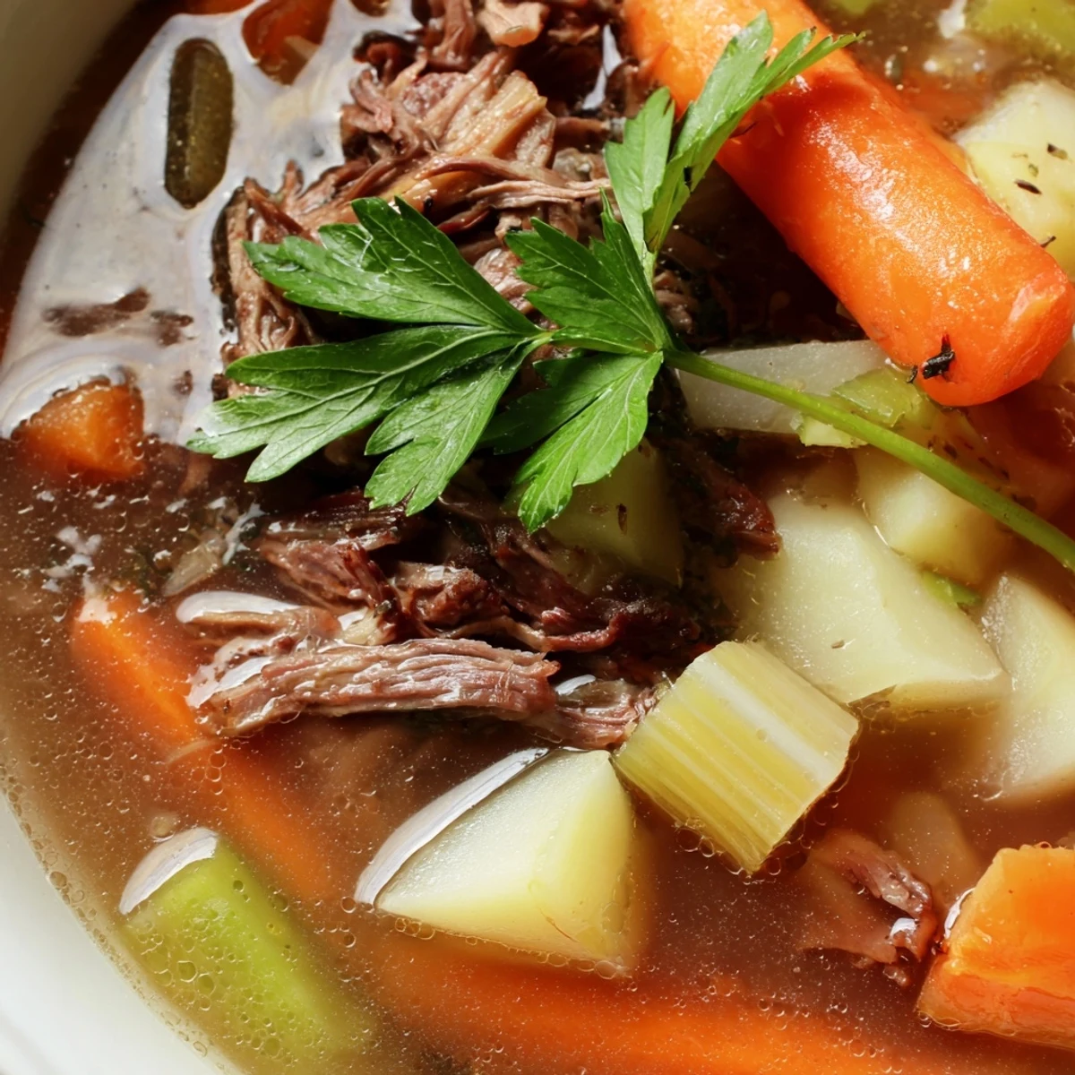 Homemade beef broth with veggies featuring tender carrots, potatoes, and celery in a ladle.