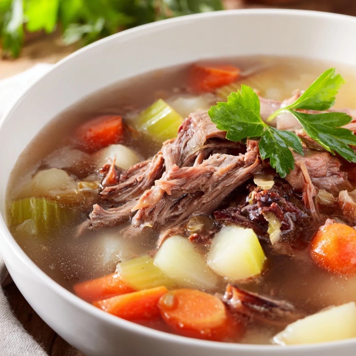 Comforting beef broth with veggies served in a ceramic bowl alongside crusty bread slices.