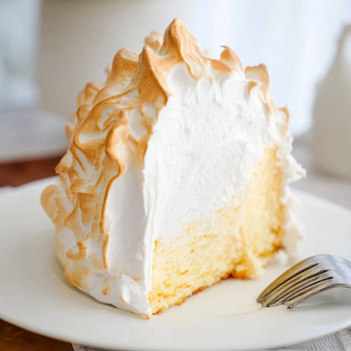 Golden toasted meringue blankets a slice of Baked Alaska with cake and vanilla ice cream, served on a plate.