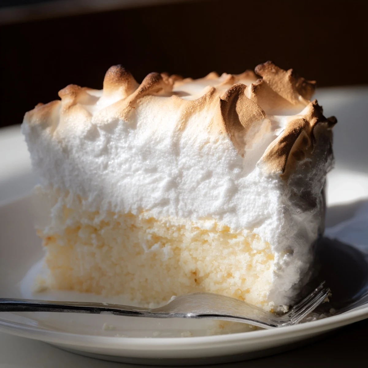 Scoops of Baked Alaska with cake reveal creamy vanilla ice cream and sponge cake layers under the meringue.