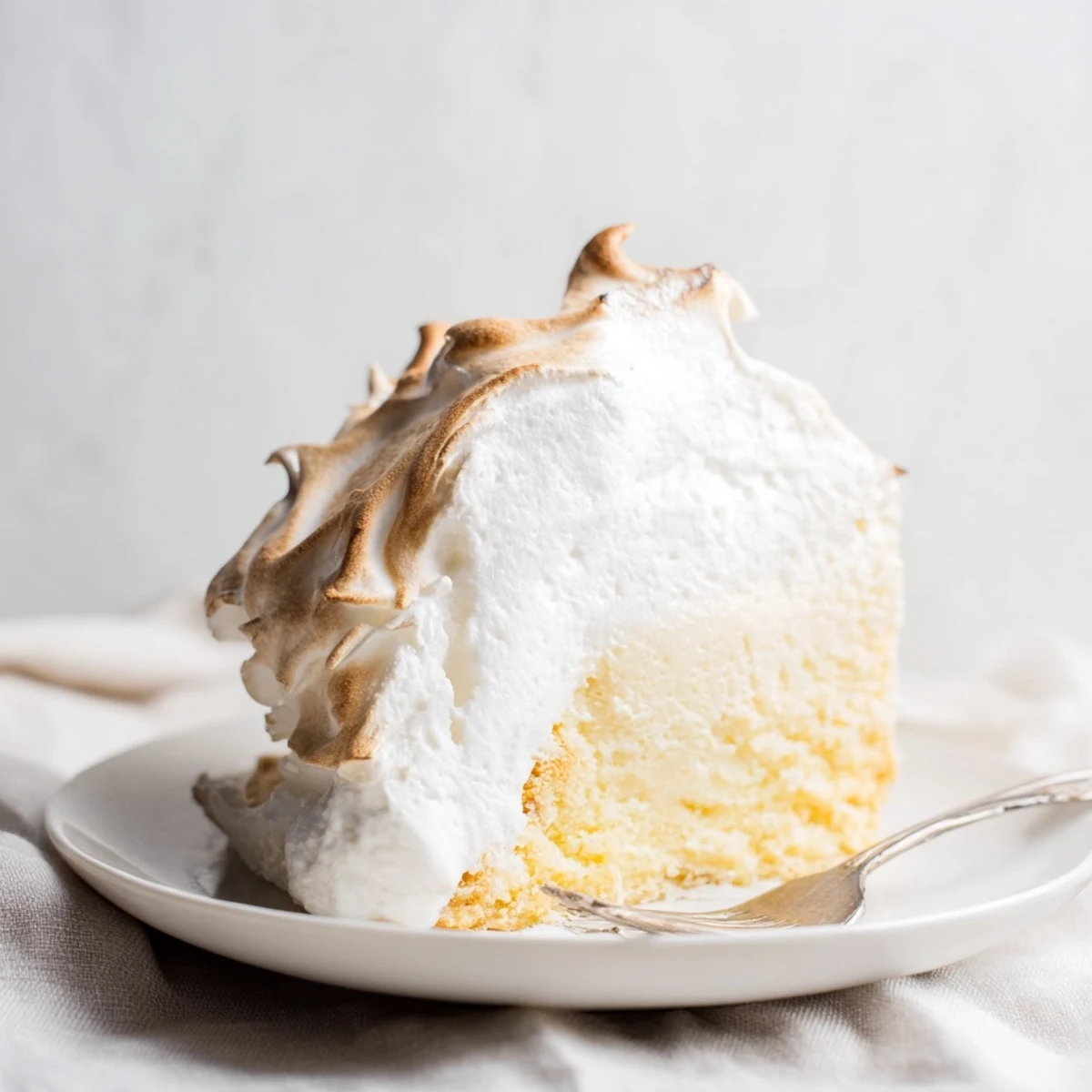 A whole Baked Alaska with cake displays its billowy toasted meringue shell and textured, glossy peaks.