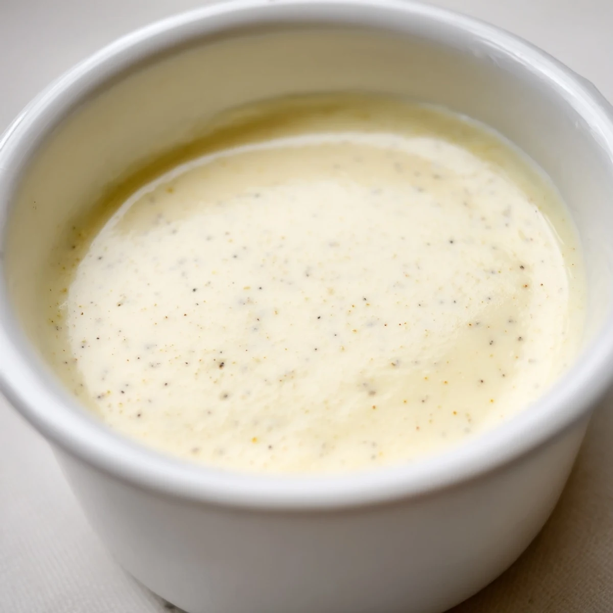 Creamy Custard with Vanilla dessert in a white ramekin, topped with fresh raspberries and mint, served on a marble countertop.