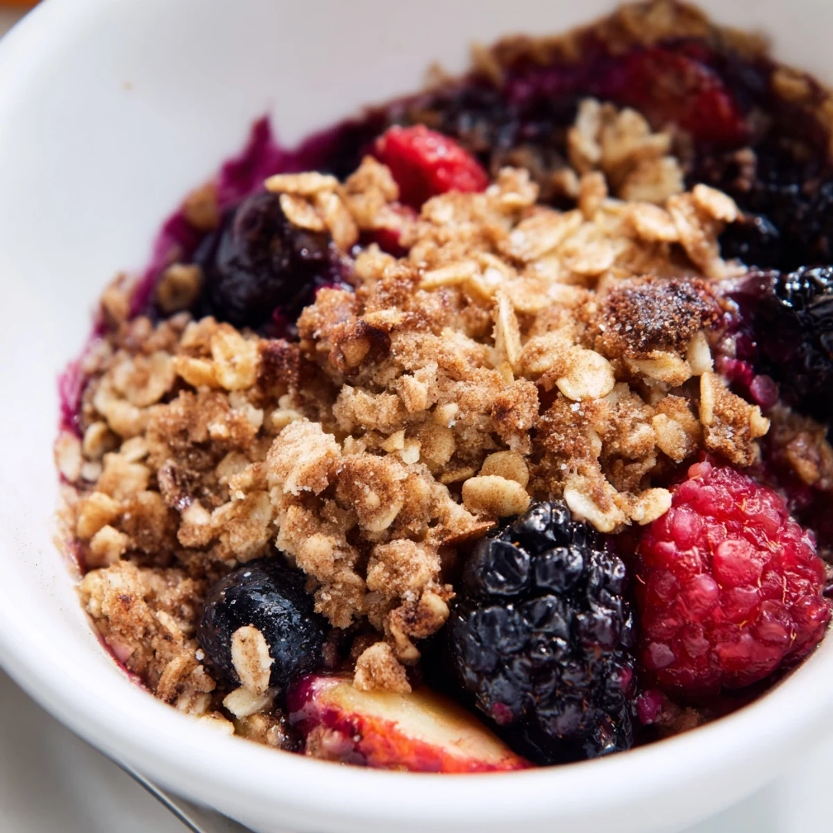 Freshly baked Winter Berry Crumble with Oats, featuring golden oat topping over bubbling berries in a rustic dish.