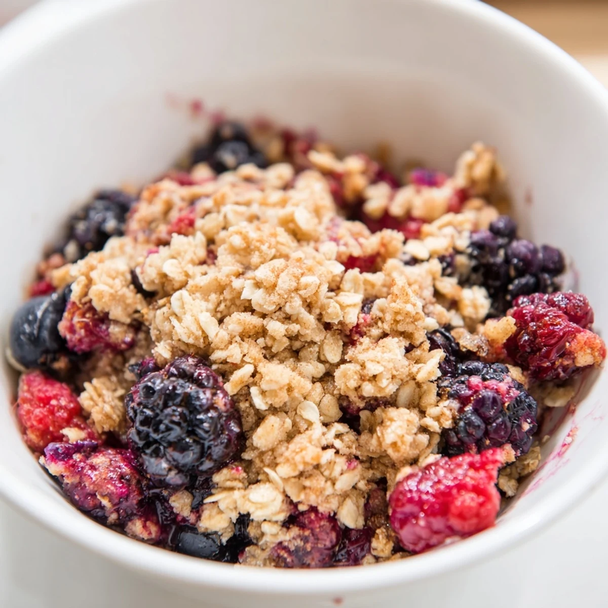 Served warm, the Winter Berry Crumble with Oats pairs beautifully with a scoop of vanilla ice cream melting on top.