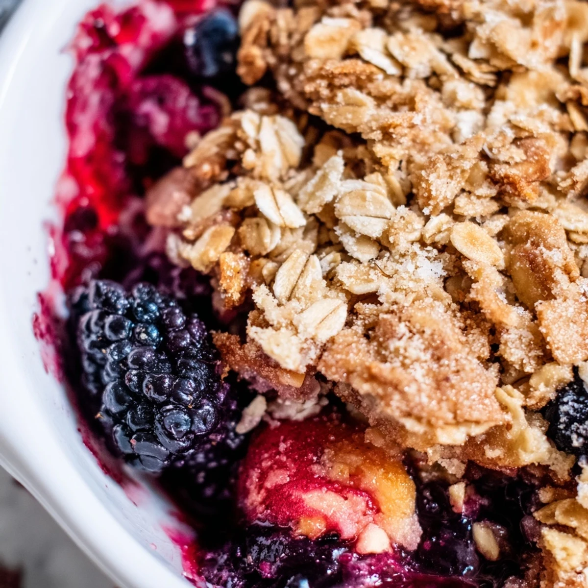 Rustic Winter Berry Crumble with Oats cooled slightly, revealing juicy blackberries, blueberries, and raspberries beneath a crunchy cinnamon topping.