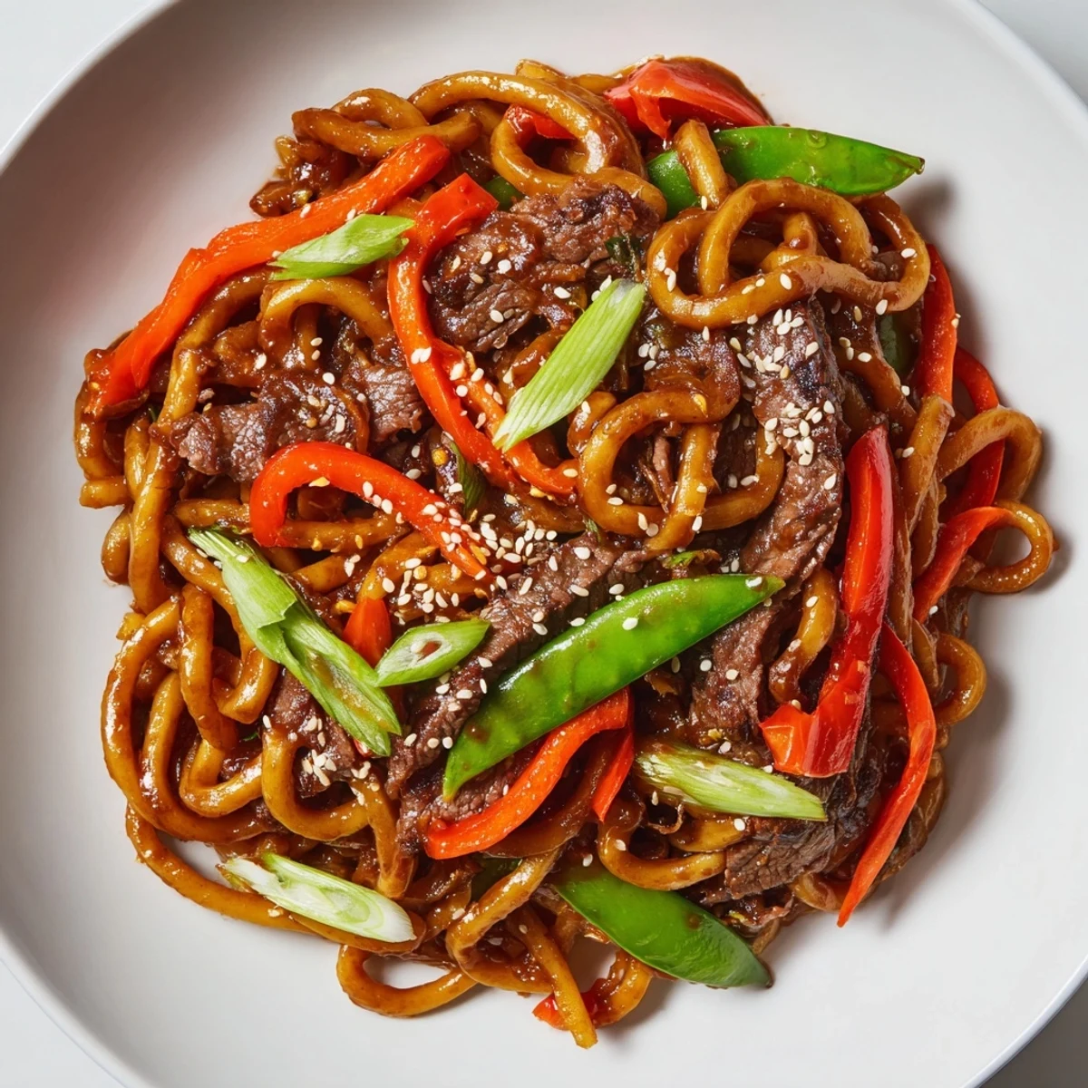 Spicy Beef Stir Fry with Udon Noodles features crisp bell peppers, carrots, and snap peas tossed in a sizzling wok.