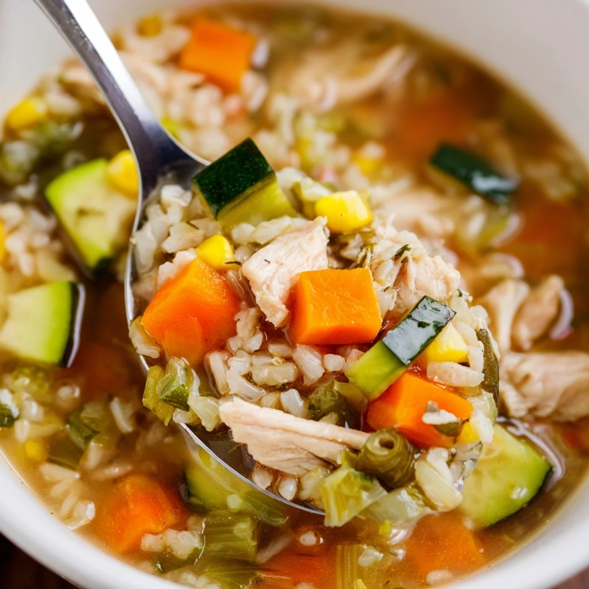 Steaming bowl of Chicken Vegetable Soup with Rice, featuring tender chicken, carrots, and celery.