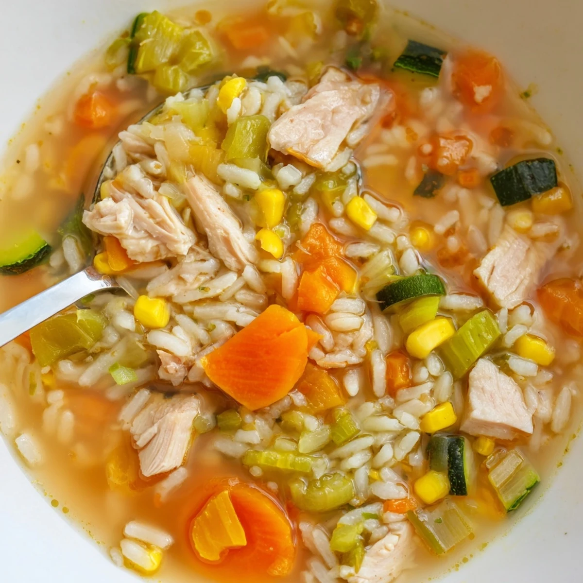 Serving of Chicken Vegetable Soup with Rice, ladled from a pot with a bay leaf.