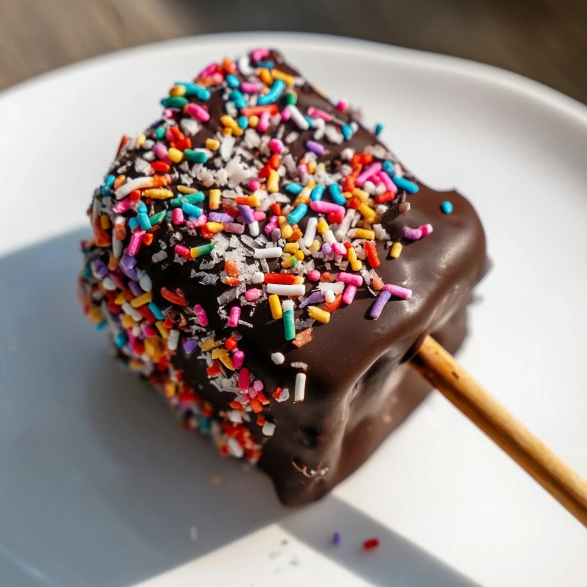 Fluffy marshmallows coated in glossy dark chocolate, topped with chopped nuts, ready for a party dessert platter.