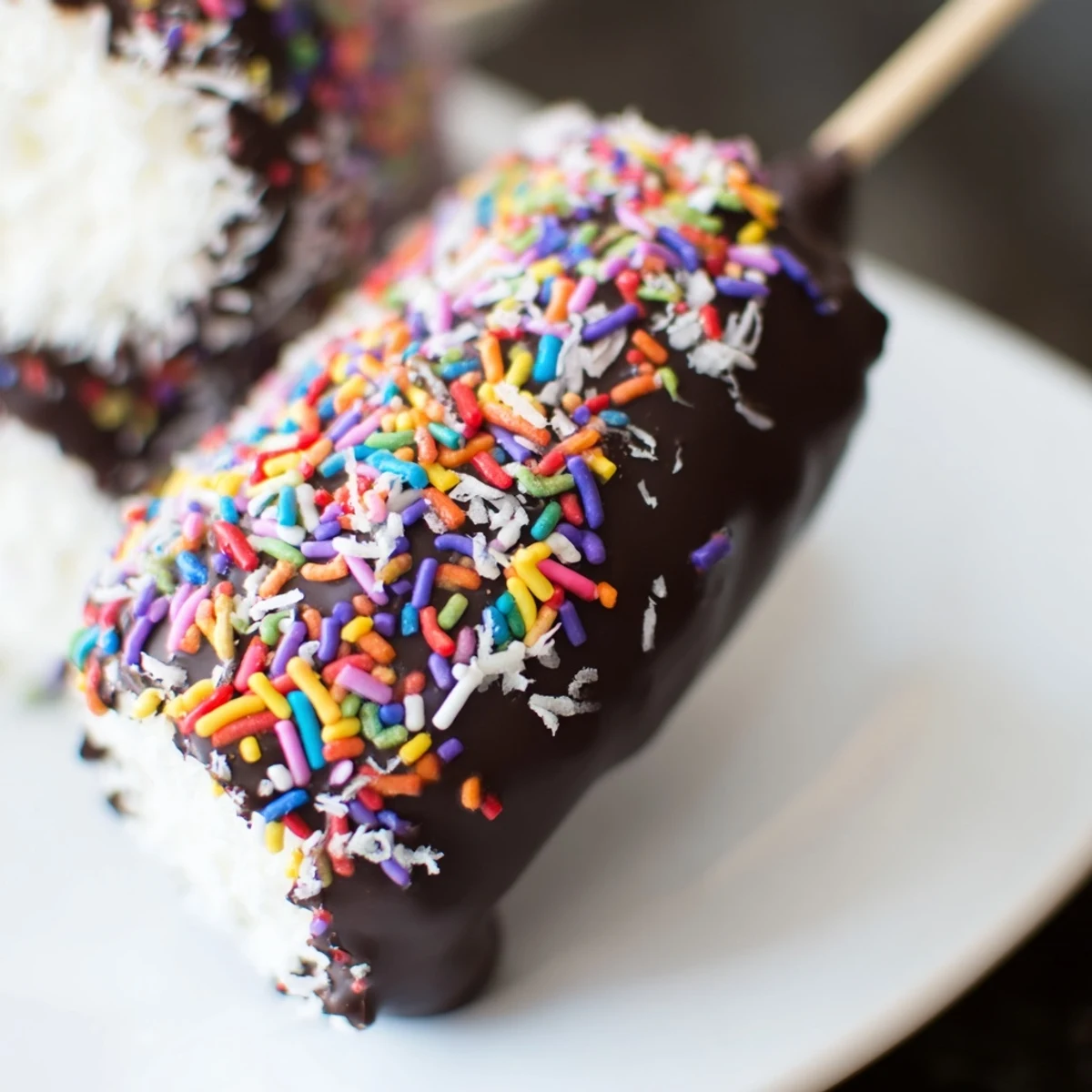Chocolate Dipped Marshmallows glistening on parchment paper with festive rainbow sprinkles, a sweet homemade candy treat.