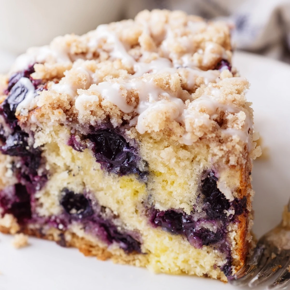 Moist slice of Lemon Blueberry Coffee Cake showing juicy berries and a sweet lemon glaze drizzle.