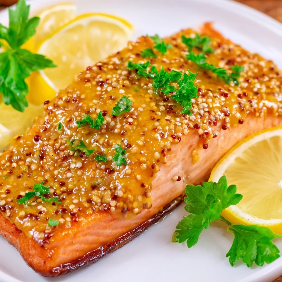 Freshly baked Baked Salmon with Honey Mustard glistening with a sticky golden glaze on a white plate, garnished with parsley and lemon wedges.