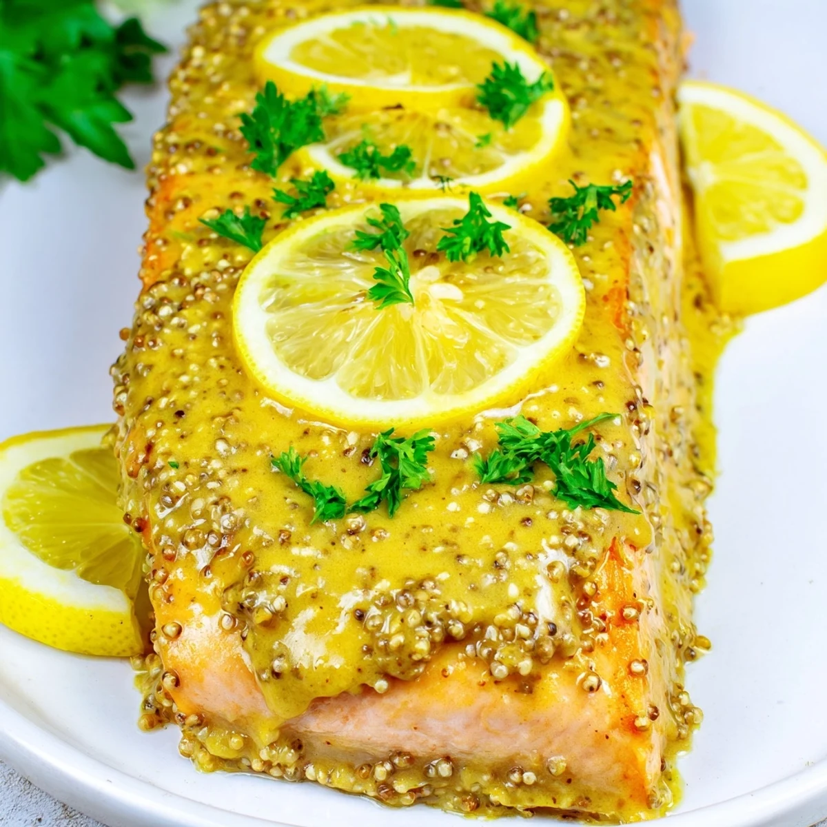 Flaky, tender Baked Salmon with Honey Mustard fresh from the oven, featuring a caramelized honey mustard crust and served alongside roasted asparagus.
