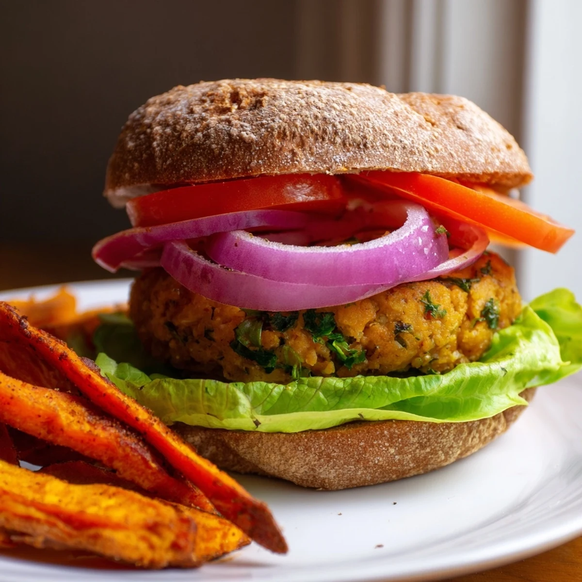 Freshly prepared Turkey Burger with Sweet Potato Fries on parchment paper, garnished with herbs and ready to serve.