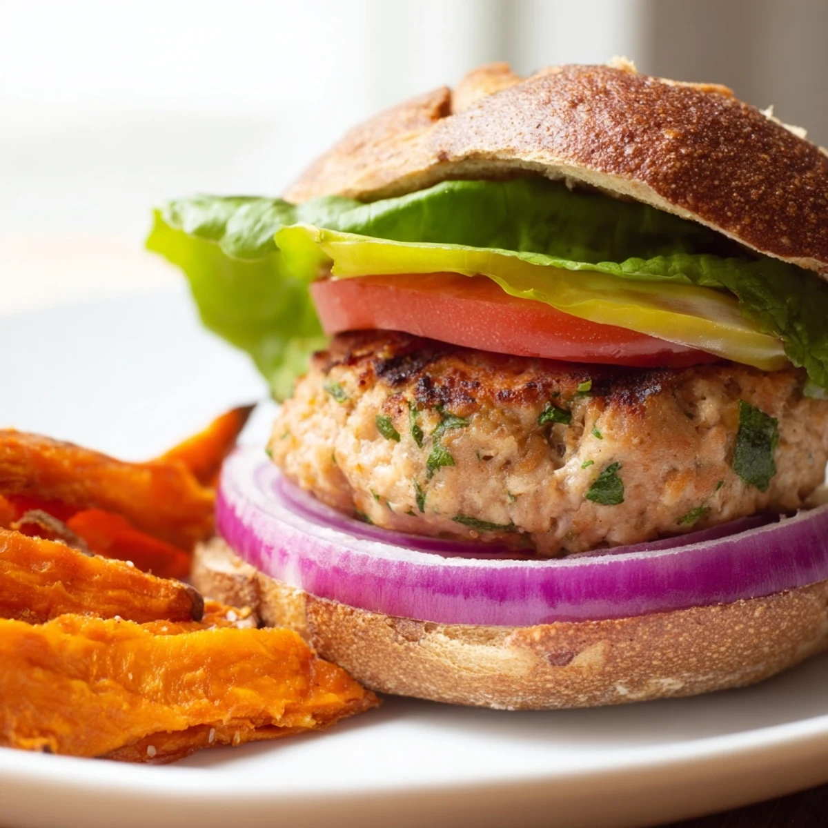 Golden baked Turkey Burger with Sweet Potato Fries served with ketchup on a plate, perfect for a healthy dinner.