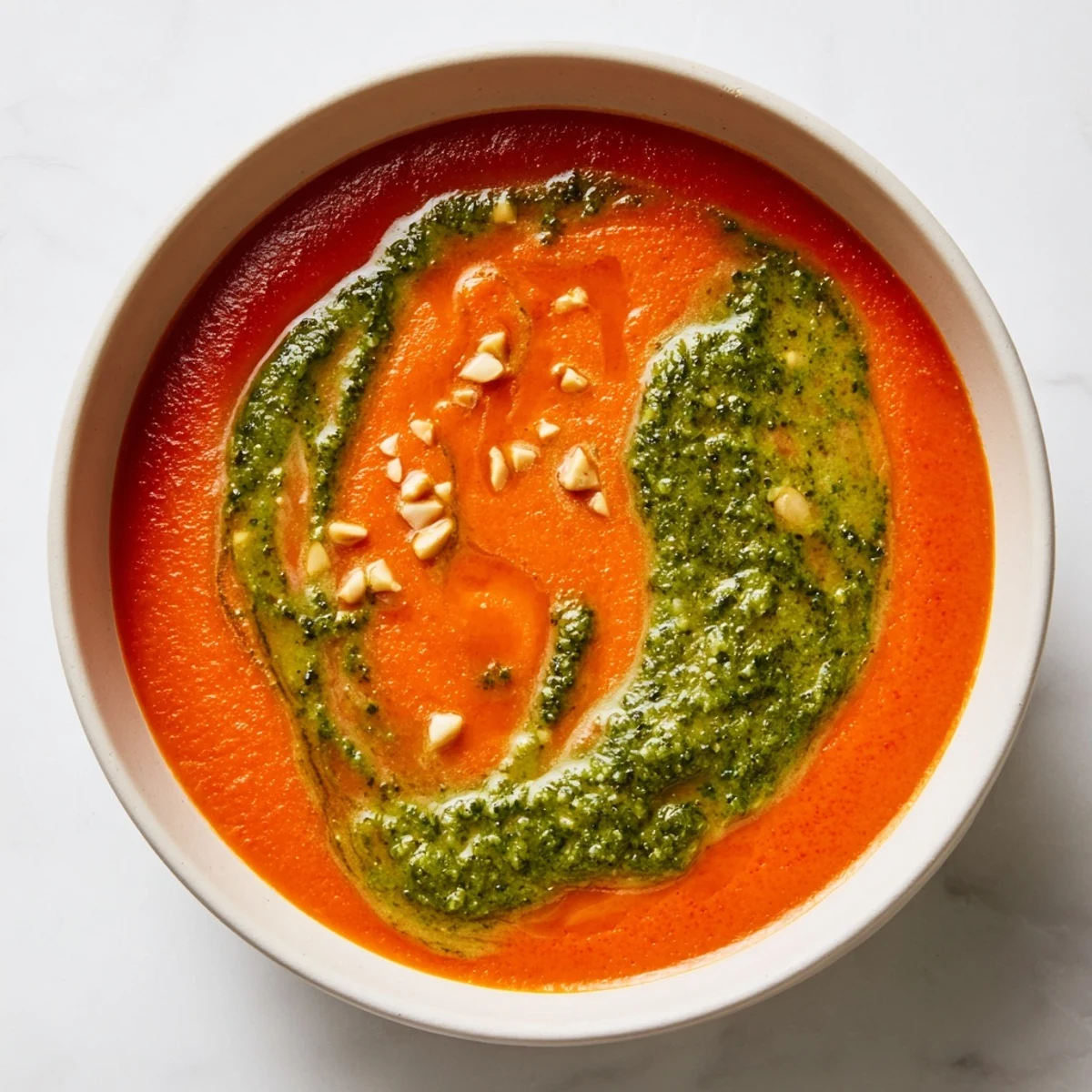 Creamy Tomato Soup with Basil Pesto in a rustic bowl, topped with a vibrant swirl and fresh basil garnish for a comforting Italian-inspired dinner. 