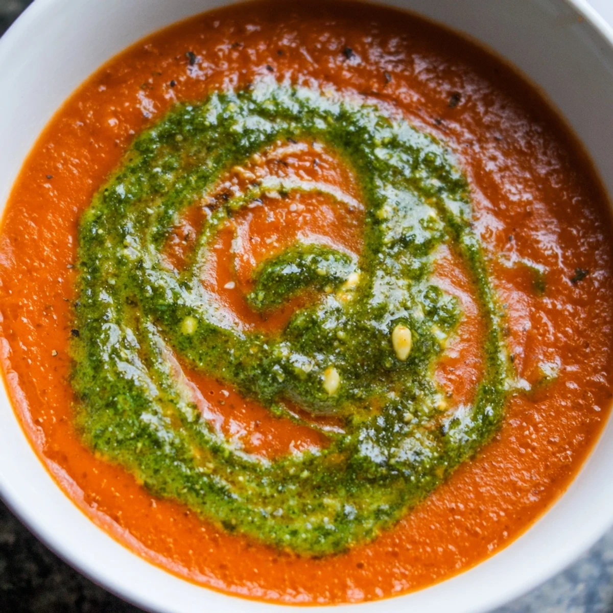 A ladle of hot Creamy Tomato Soup with Basil Pesto, revealing its velvety texture, served alongside crusty artisan bread for dipping. 