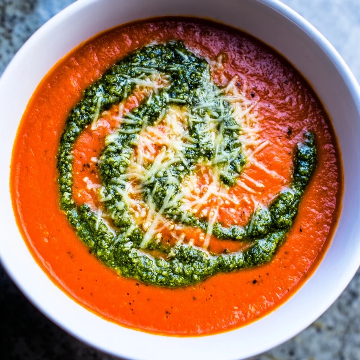 Close-up of Creamy Tomato Soup with Basil Pesto, featuring a bright green pesto swirl over rich tomato red, steam rising from the surface.