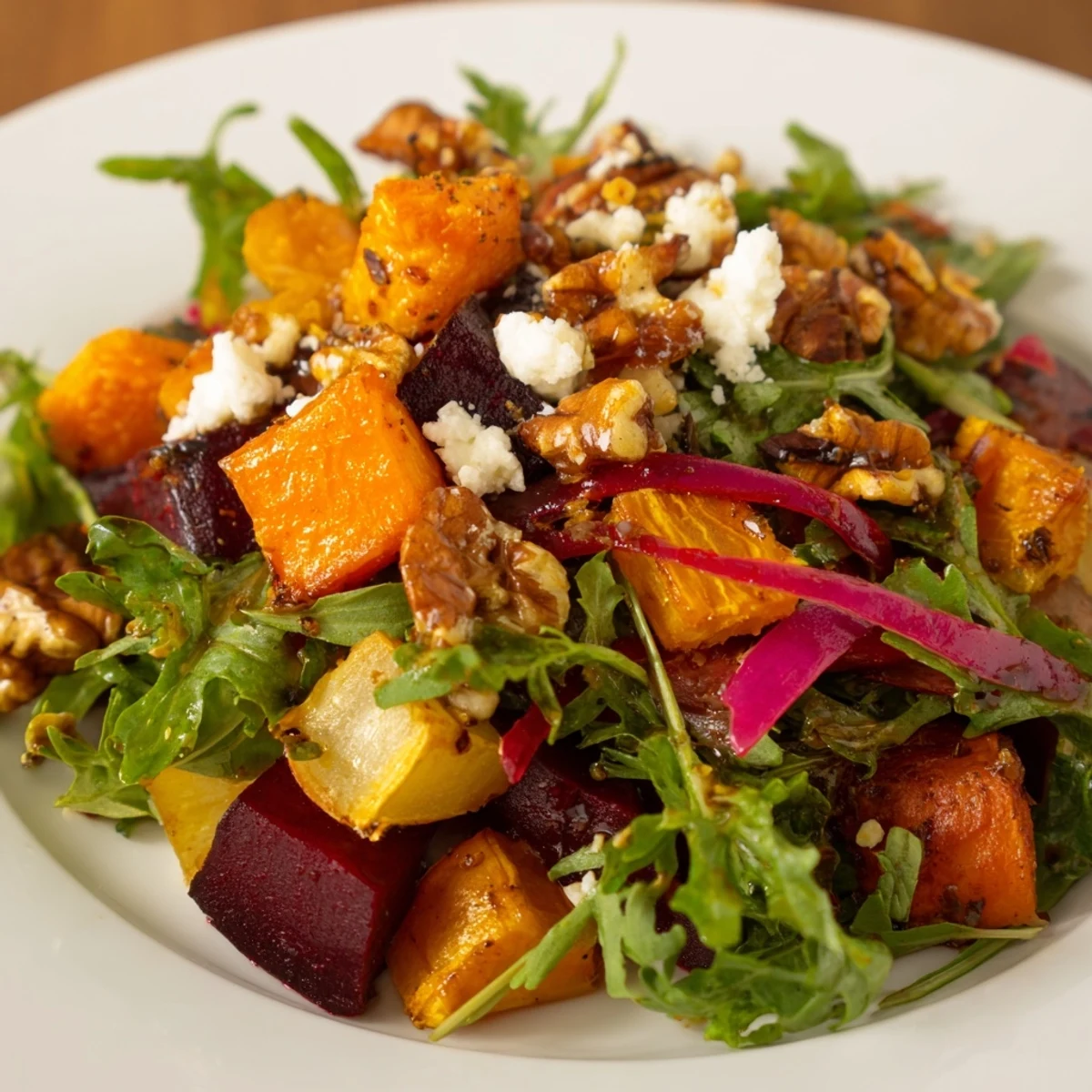 Roasted Root Vegetable Salad with golden, caramelized parsnips, carrots, and beets on peppery arugula.
