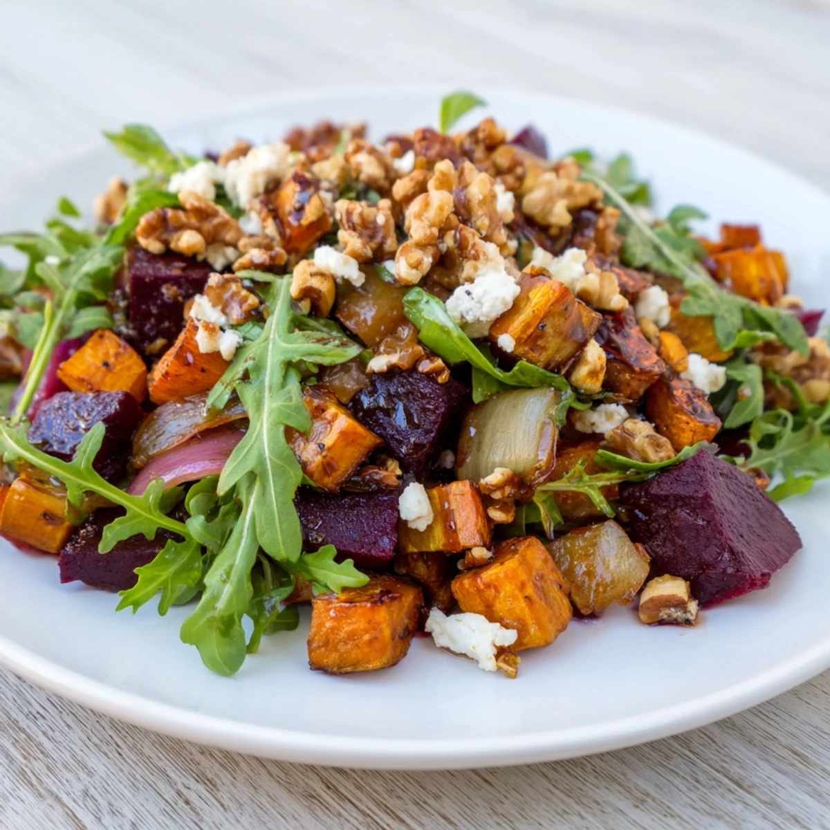 Hearty Roasted Root Vegetable Salad tossed with balsamic vinaigrette and crunchy walnuts for serving.