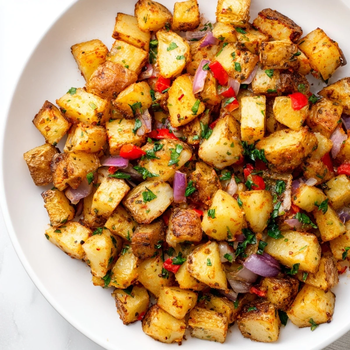 Oven-roasted breakfast potatoes tossed in herbs and spices, plated with avocado slices and black pepper.