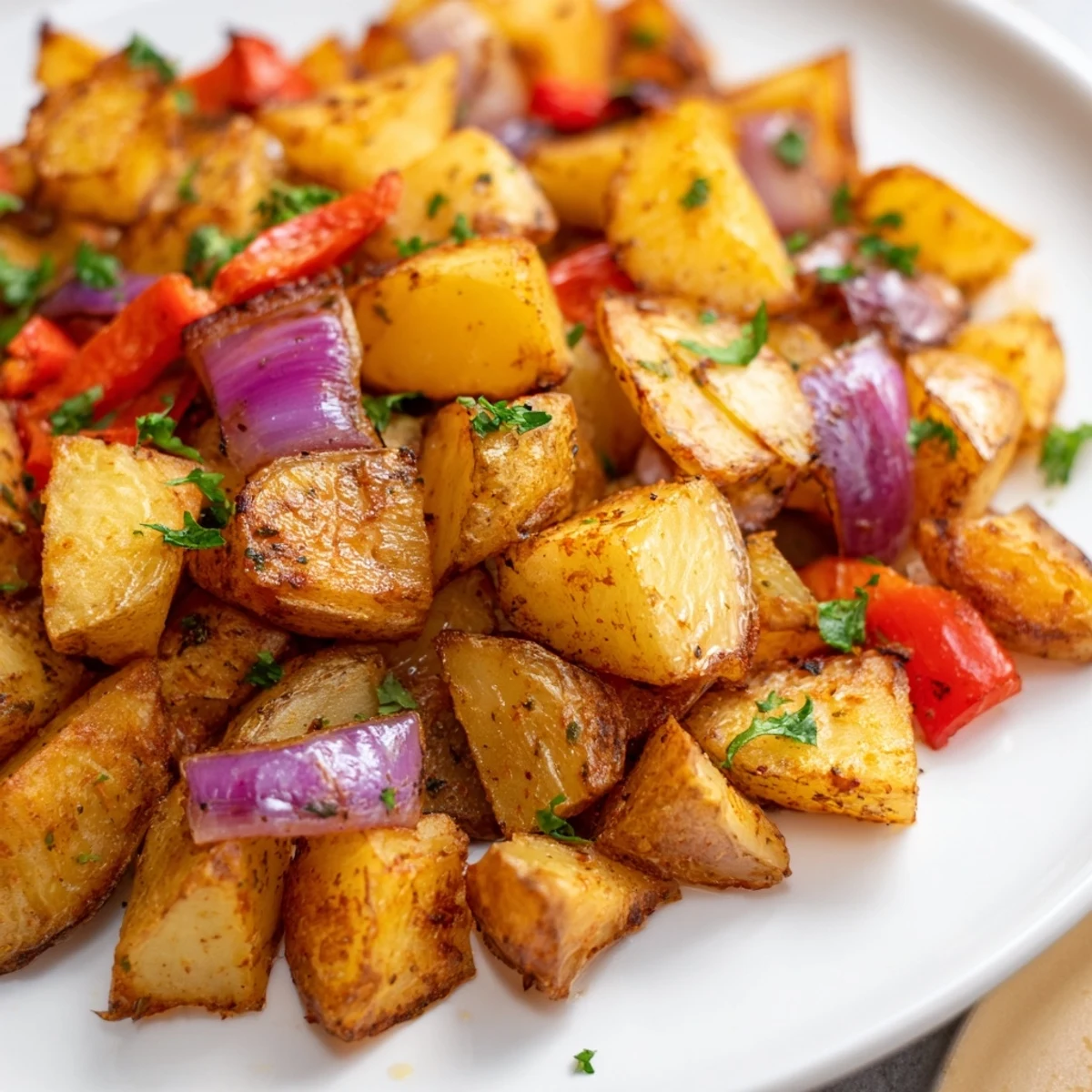 Hearty skillet of roasted breakfast potatoes with red bell peppers and onions, seasoned with smoked paprika.