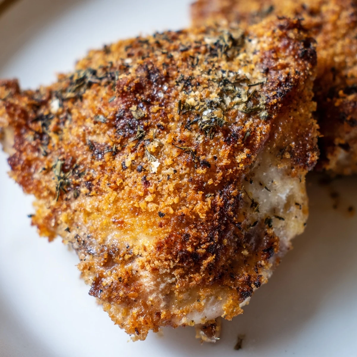 Fresh thyme garnish and a lemon wedge accompany the Crispy Supper Chicken on a rustic plate.