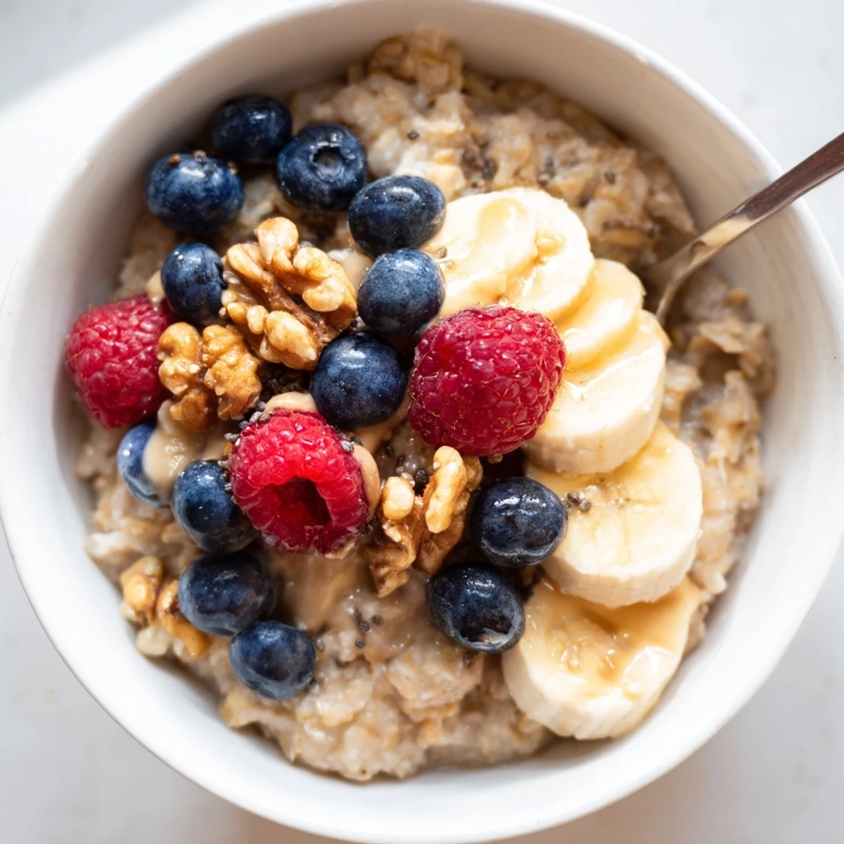 Creamy Breakfast Oats topped with fresh blueberries, sliced bananas, and crunchy almonds in a warm bowl.