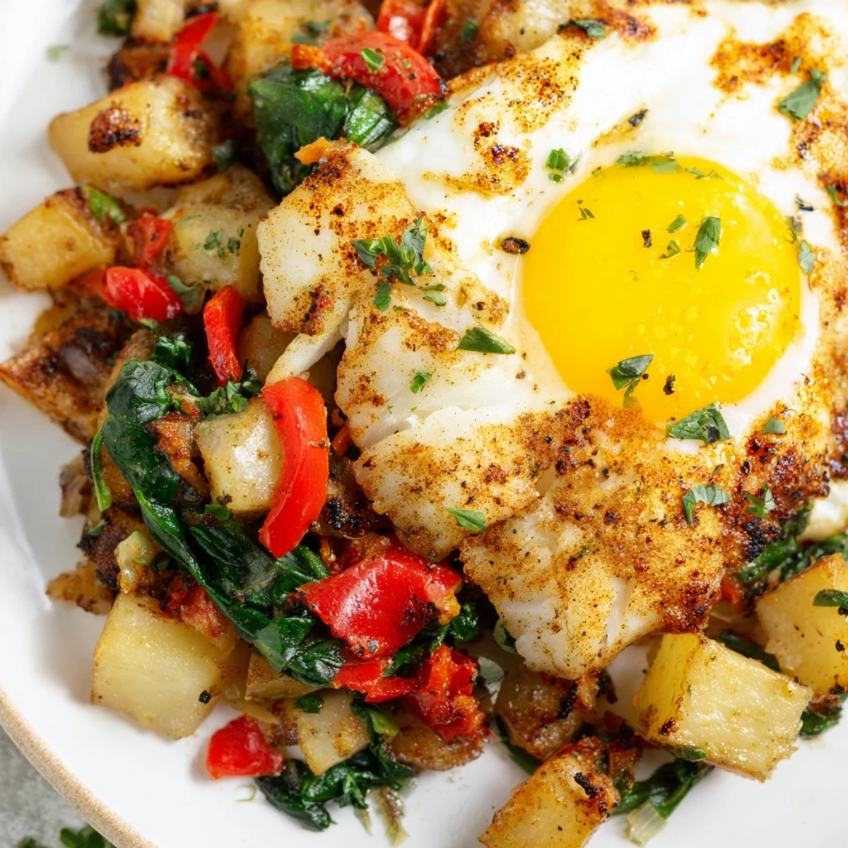Golden Baked Fish Breakfast Hash with crispy potatoes, wilted spinach, and red bell peppers in a skillet.
