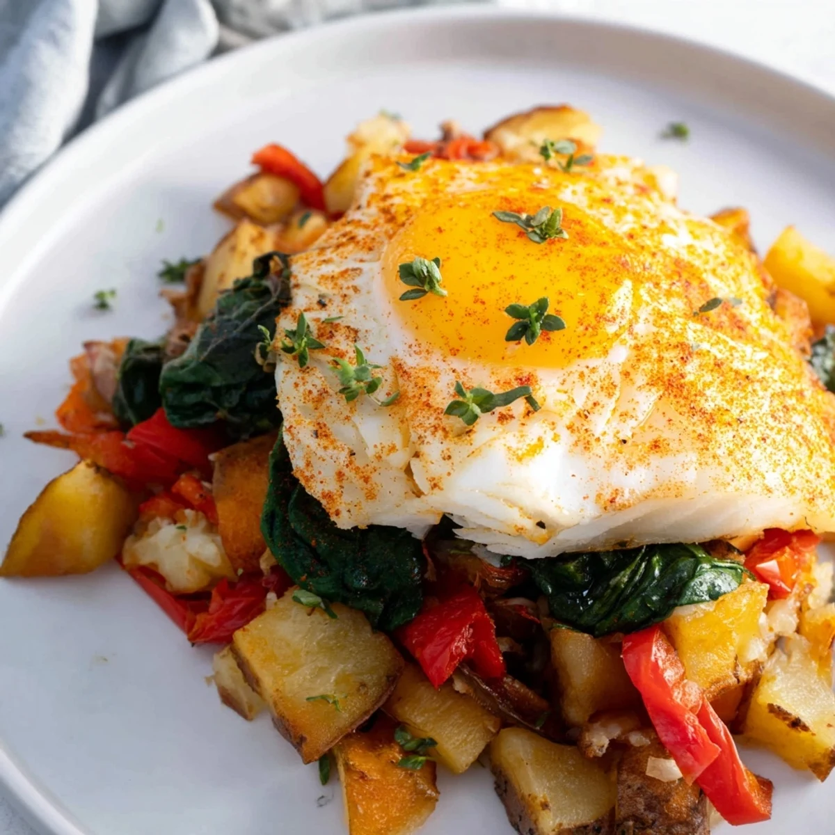 Flaky white fish chunks and sautéed vegetables create a hearty, gluten-free breakfast hash topped with fresh parsley.