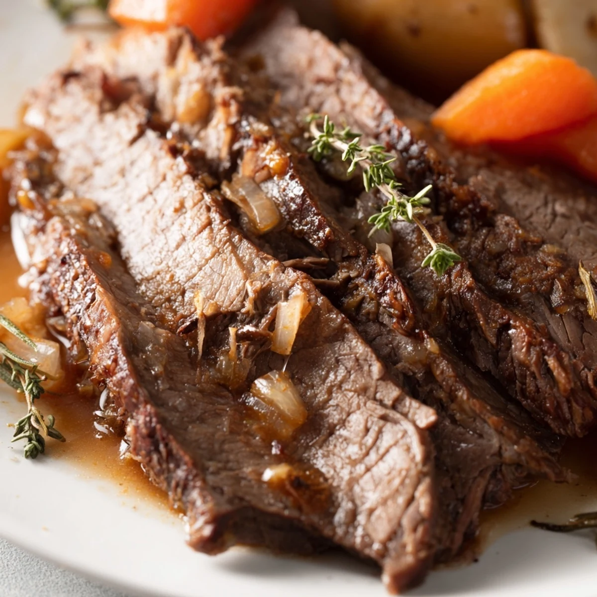 Sliced pieces of juicy Beef Supper Roast served on a plate with glazed carrots and potatoes for a family dinner.