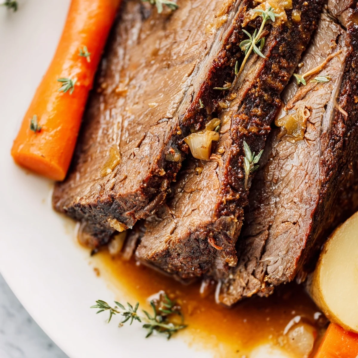 A hearty Beef Supper Roast simmering with aromatic herbs, carrots, and potatoes in rich gravy inside a cast-iron pot.