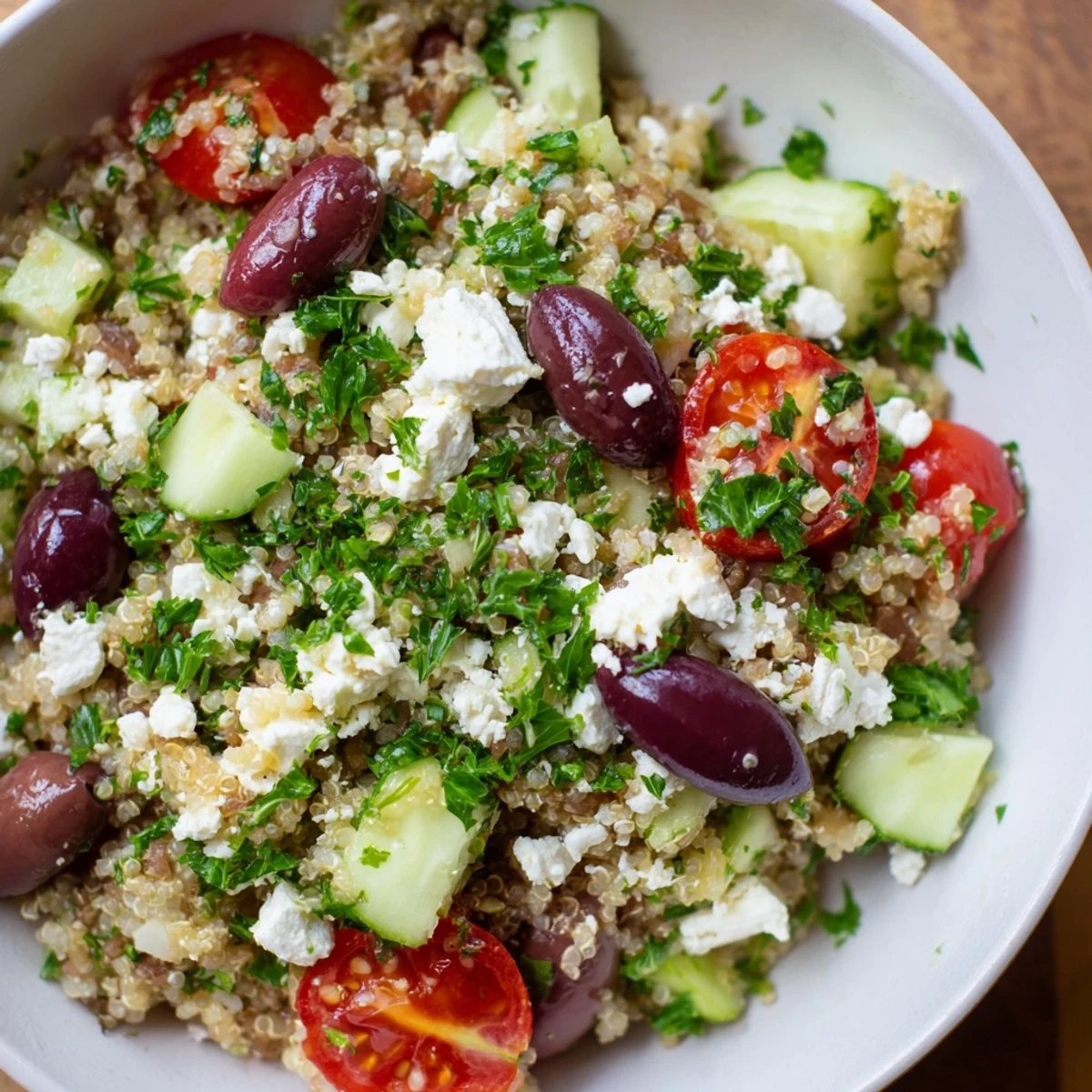 Vibrant Mediterranean Supper Salad served in a bowl with juicy tomatoes and cucumber.