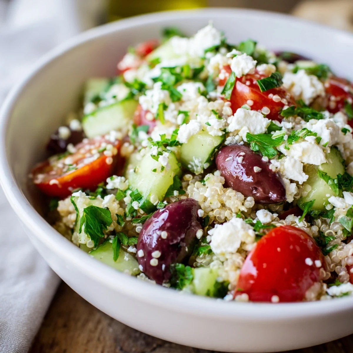Hearty Mediterranean Supper Salad topped with crumbled feta, parsley, and lemon wedges.