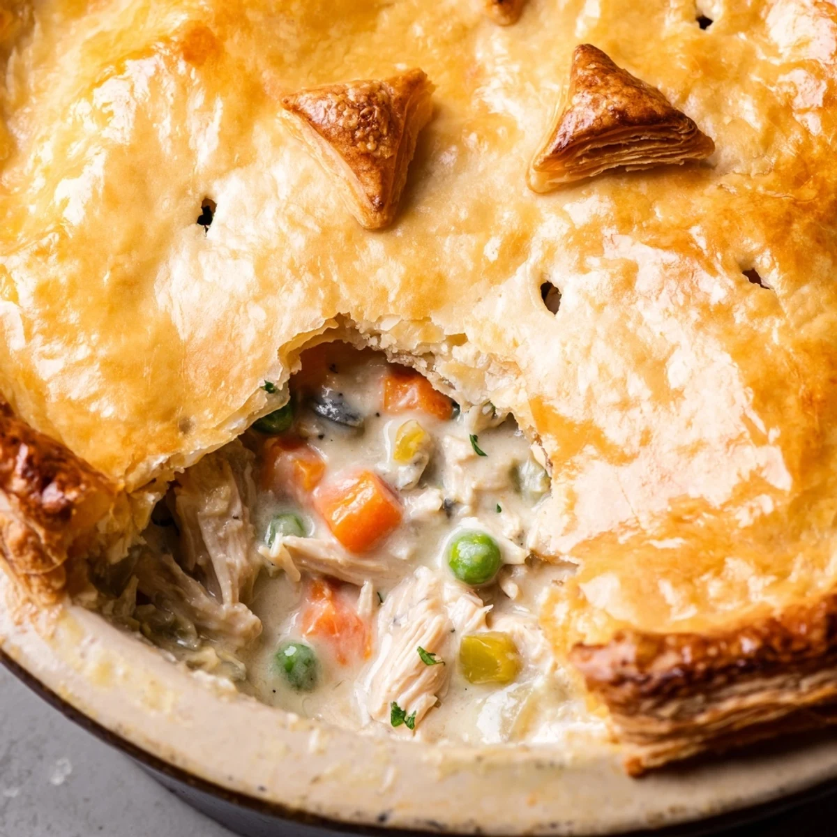 Golden, flaky puff pastry tops this hearty Chicken Supper Pie, filled with creamy chicken and vegetables, served hot.