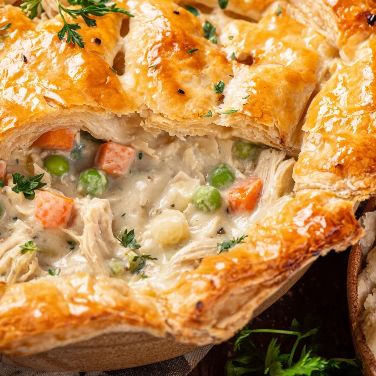 Sizzling from the oven, a rustic Chicken Supper Pie reveals tender chicken and carrots under a crisp pastry crust.