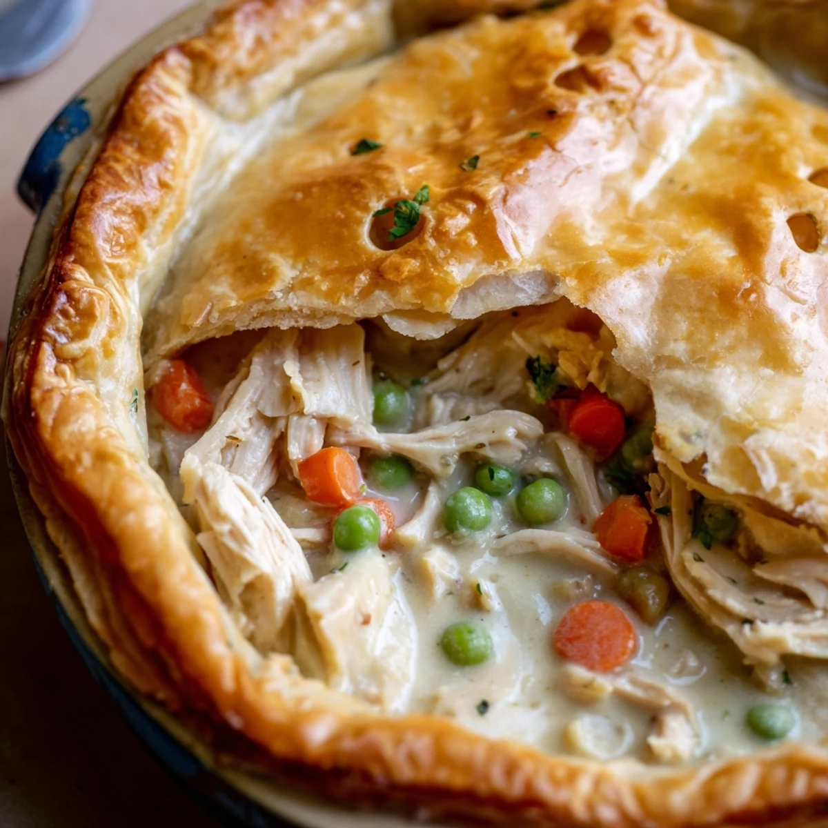 Fresh parsley and peas peek through the savory sauce in this comforting Chicken Supper Pie, ready to slice.